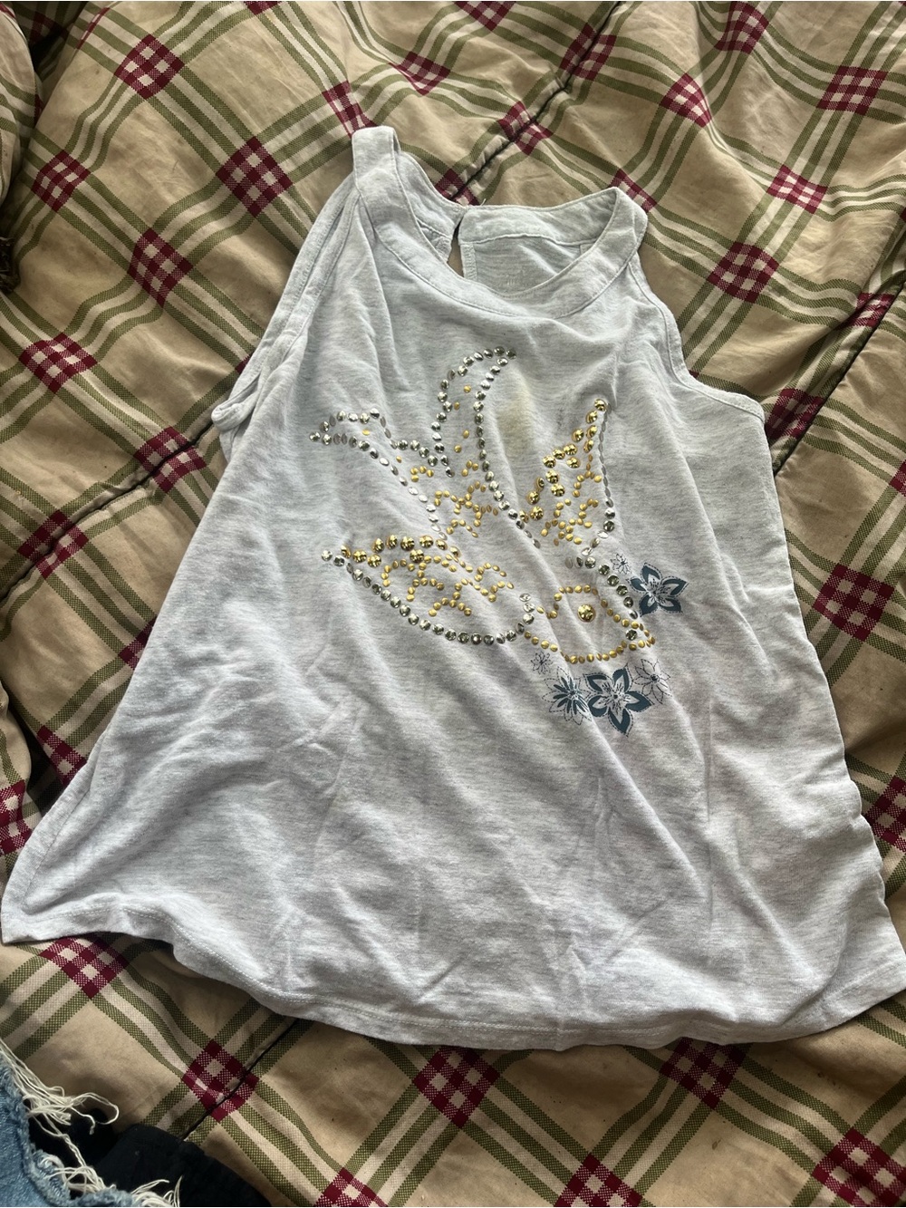 Justice Light Gray Tank Top with Gold Stud Accents and Blue Floral Print